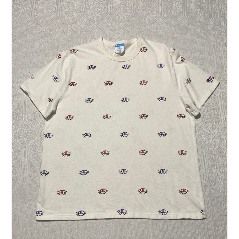 Champion Mens 2XL White All Over Print Laurel Wreath Logo Graphic T-Shirt T0321P